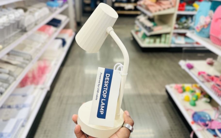 womans hand holding a desk lamp