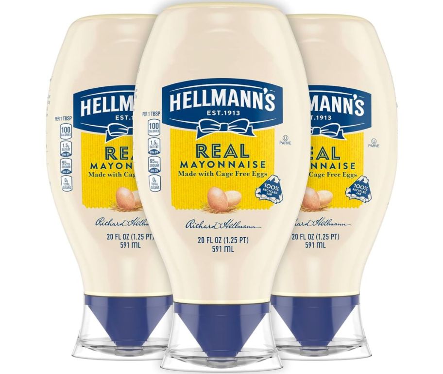 three 20 ounce squeeze bottles of hellmanns real mayonnaise