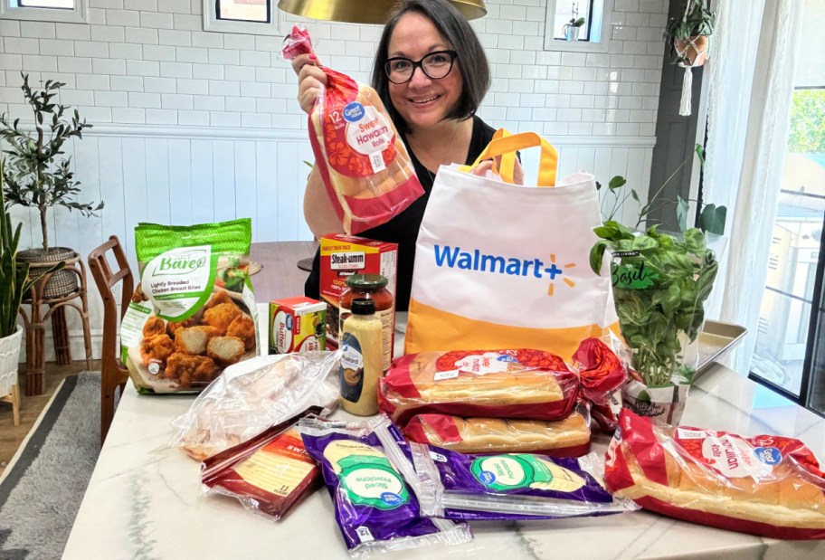 holding up Walmart groceries for slider sandwiches