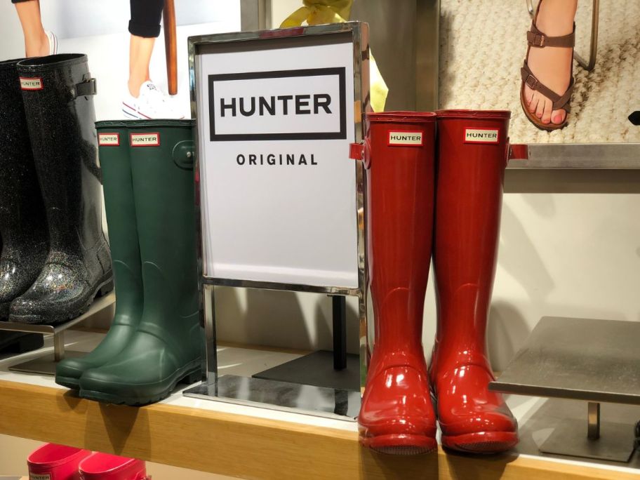 hunter boots on display in store