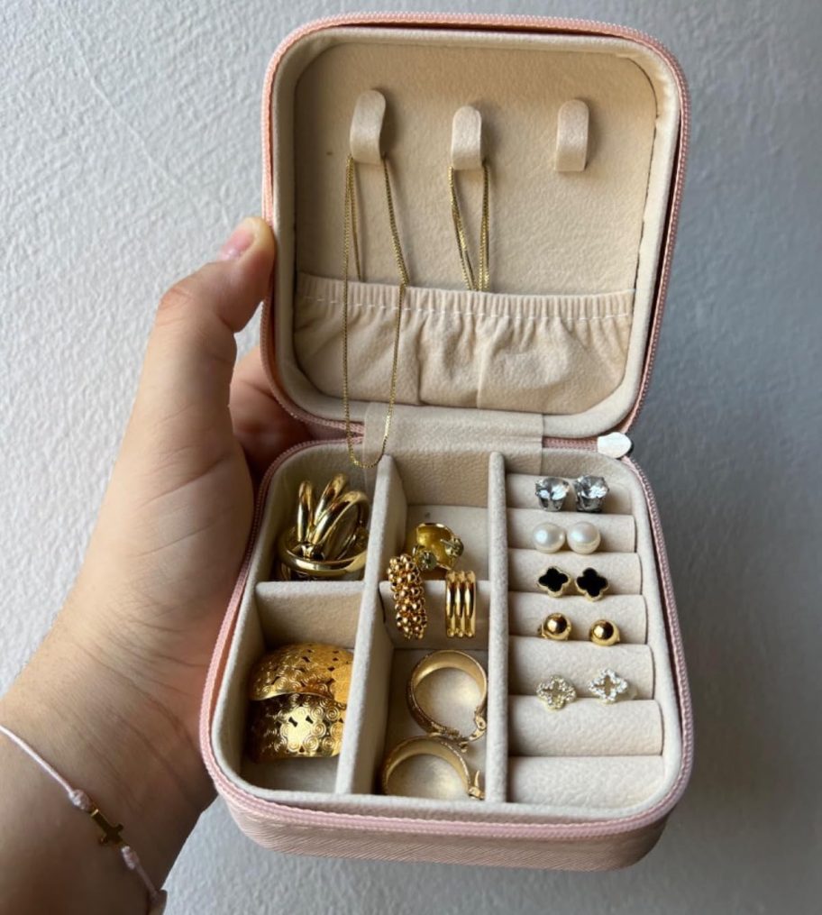 hand holding a pink travel sized jewelry case