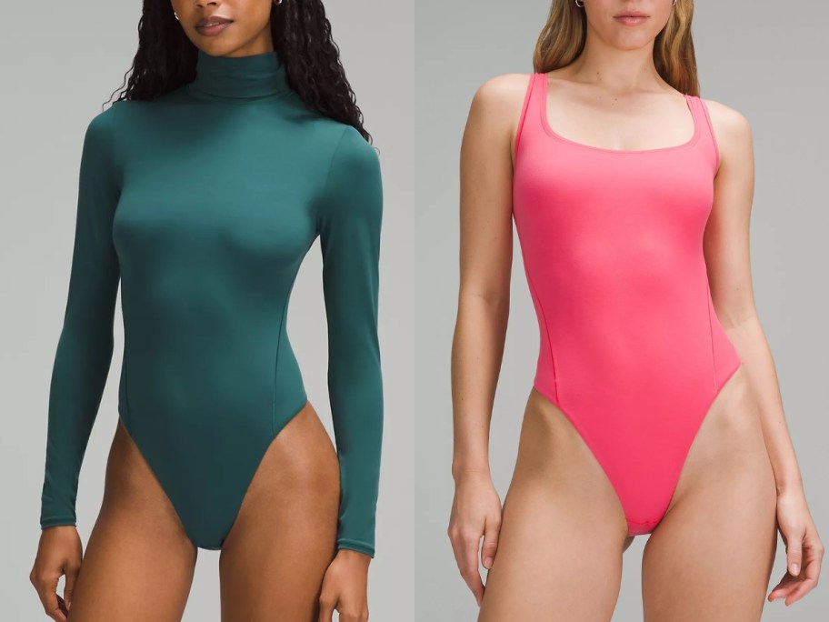 woman wearing a teal green long sleeve turtleneck bodysuit and woman wearing a pink sleeveless bodysuit