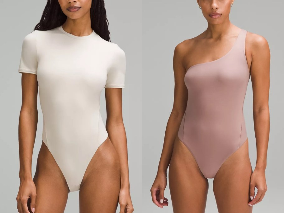 woman wearing an off white short sleeve bodysuit and woman wearing a light pink asymmetrical one shoulder sleeveless bodysuit