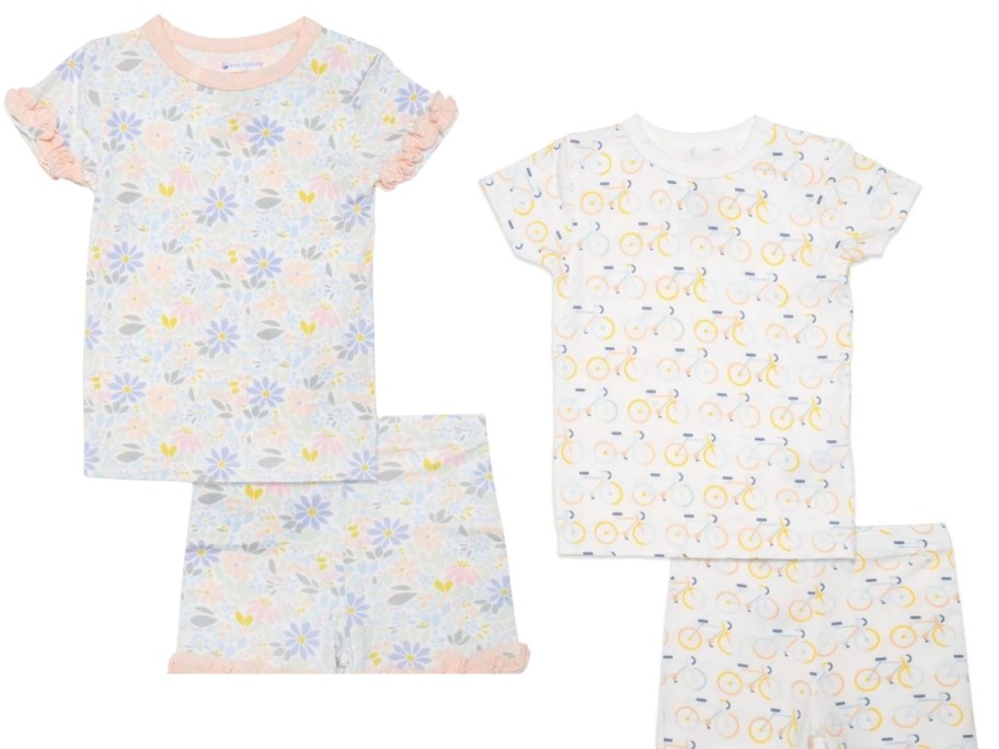 baby shortie pajama sets, 1 floral and 1 with bicycles