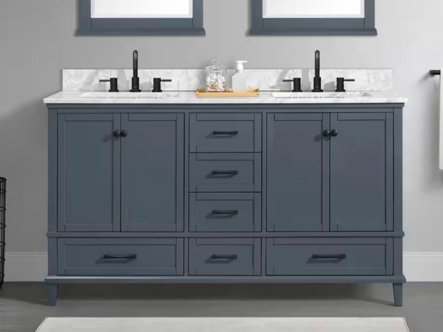 dark gray double vanity in bathroom 