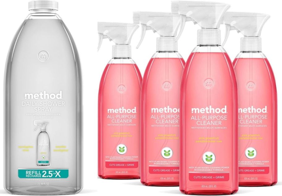 method shower cleaner refill and 4 bottles of method cleaner