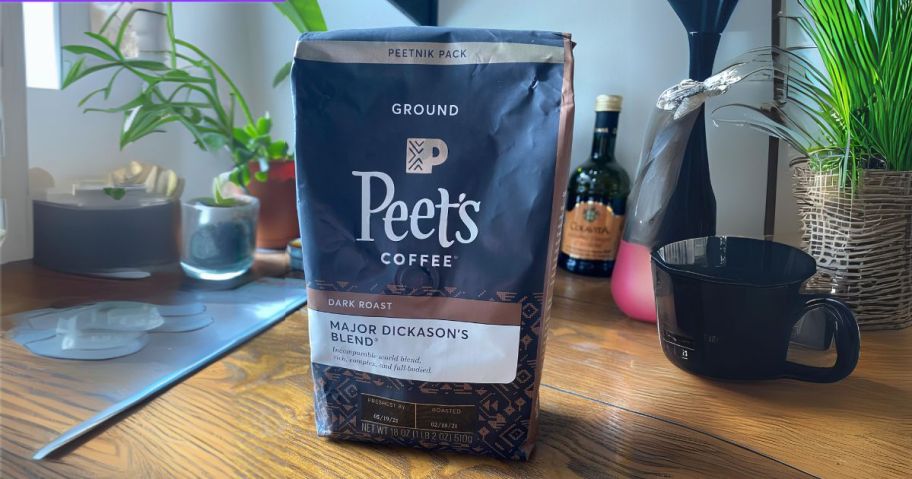 Peet's Coffee Dark Roast Ground Coffee - Major Dickason's Blend 18oz Bag on counter