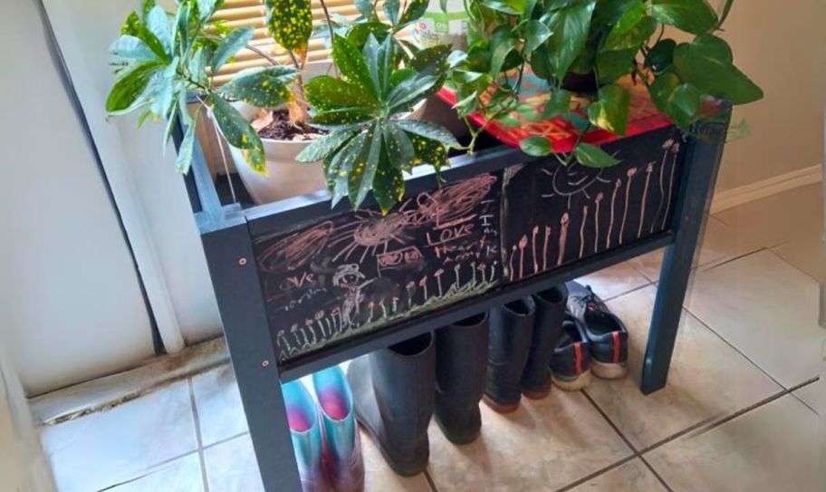 a raised bed with chalk board with basil plants