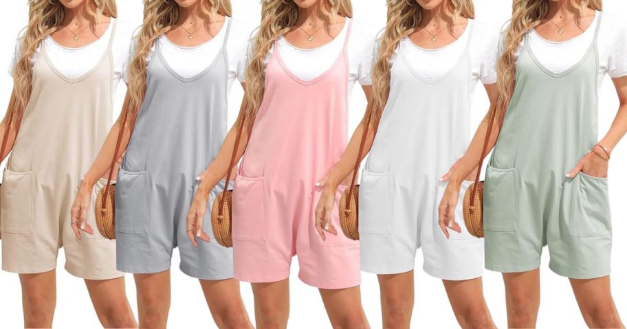 women wearing Women's Summer Casual Sleeveless Rompers Loose Fit Spaghetti Strap Shorts Jumpsuit Beach Cover Up with Pockets