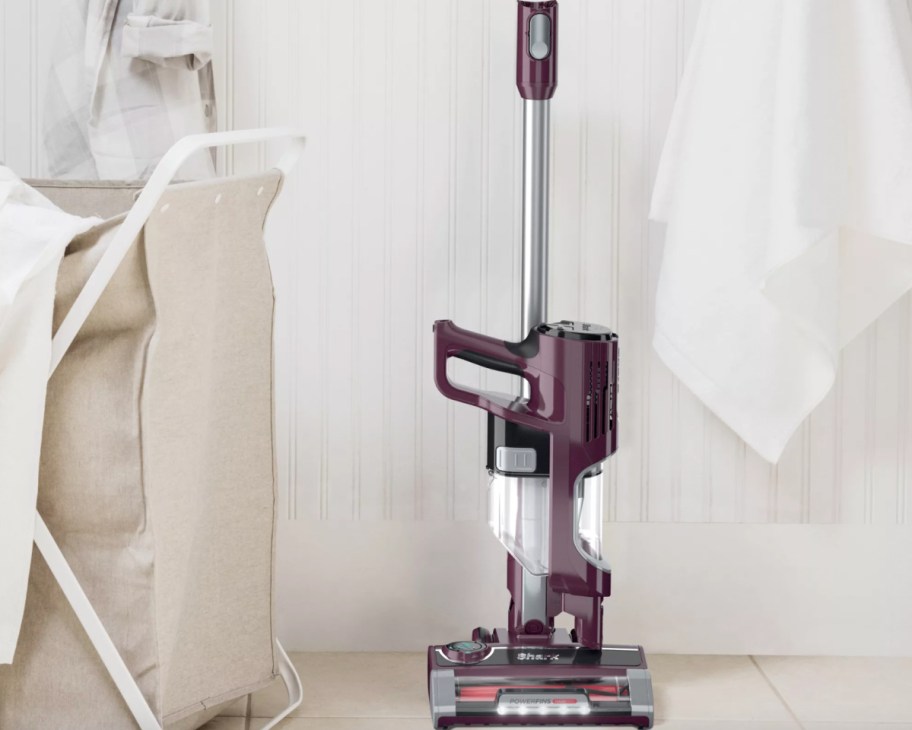 maroon shark vacuum standing upright