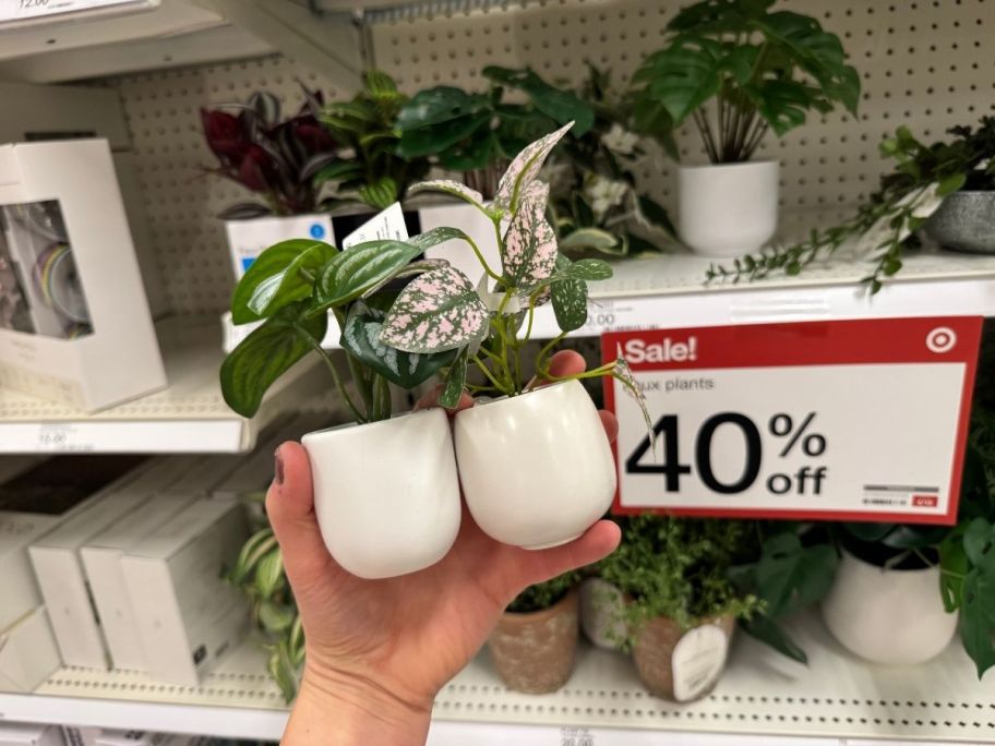 a womans hand holding two sall artificial plants