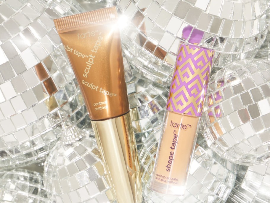 tarte shape tape with disco balls behind it