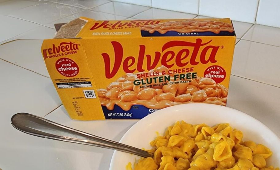 a box and bowl of velveeta gluten free shells and cheese