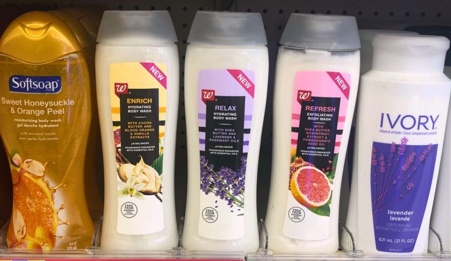 bottles of body wash on a store shelf