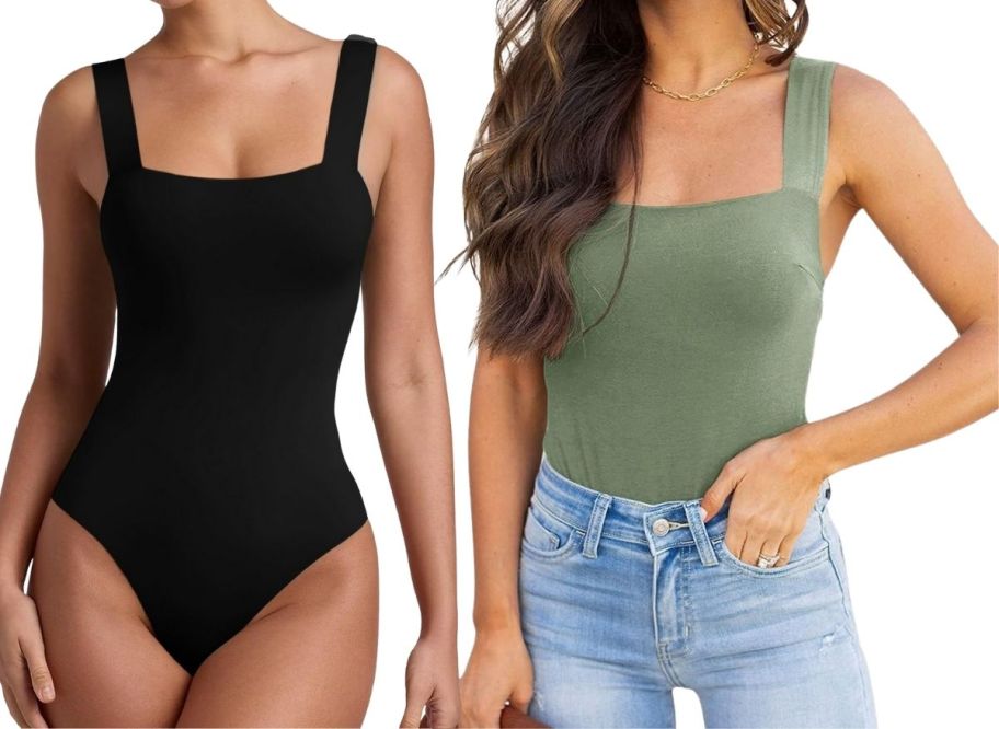 a woman in a black body suit pictured with a woman in an olive green body suit and jeans