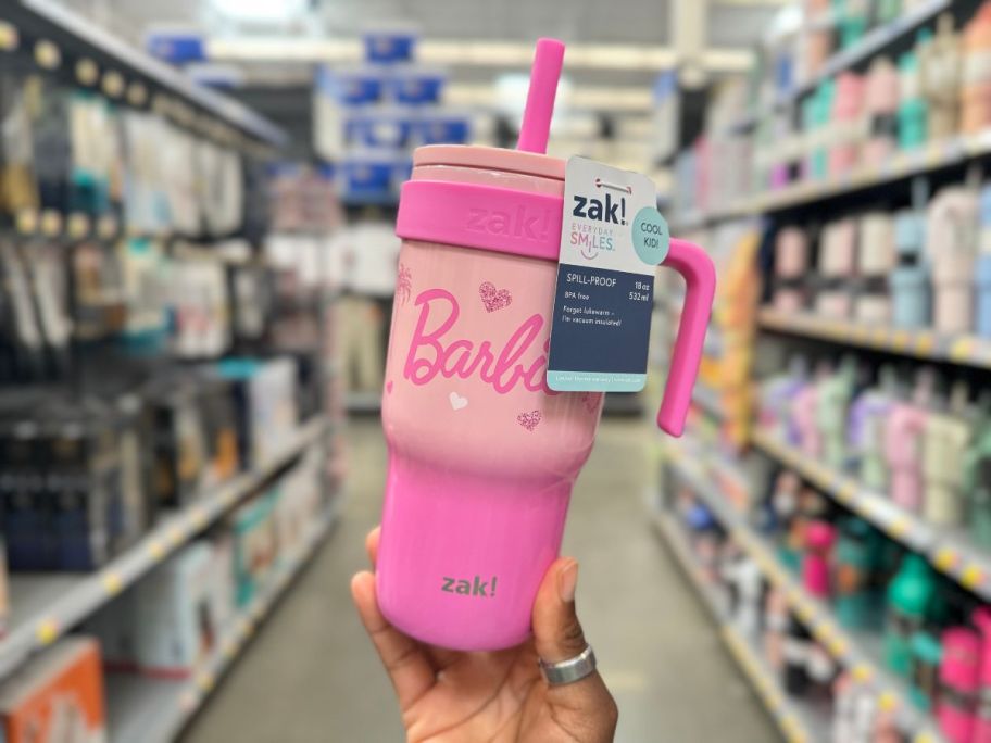 Zak Designs Barbie Kids Straw Handle 18oz Tumbler being held by hand in aisle in store