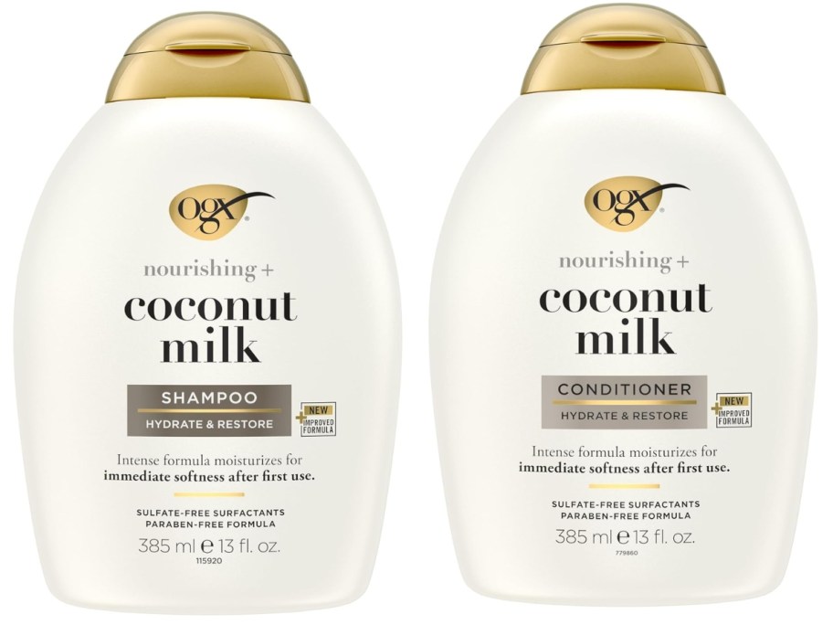 white and gold bottles of OGX Nourishing + Coconut Milk Moisturizing Shampoo and Conditioner