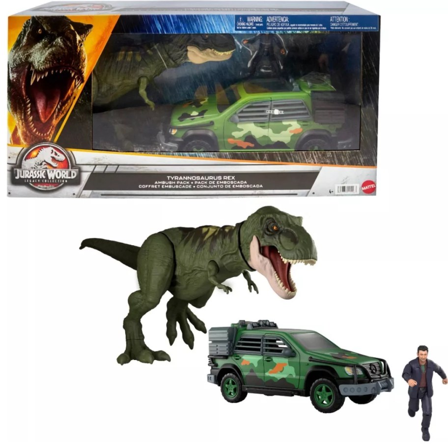 a Jurassic World Legacy Tyrannosaurus Rex Ambush Toy Vehicle and Action Figure Set with the box it onlinees in behind it