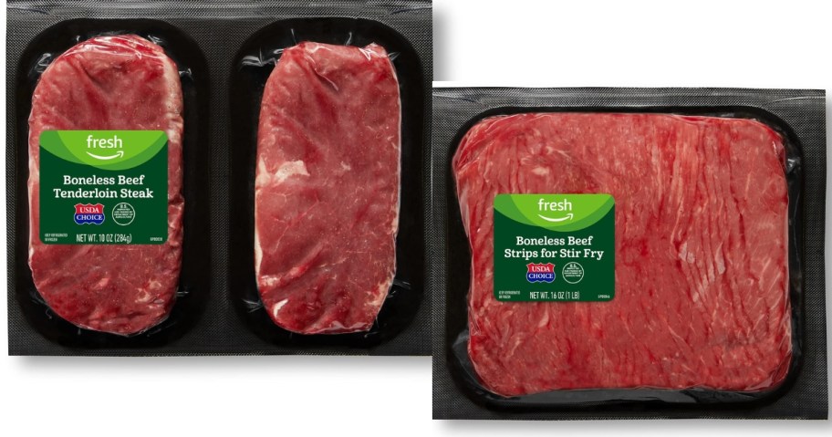 packages of Amazon Fresh brand Beef Tenderloin Steaks and Beef Tips