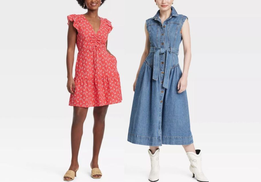 two models wearing sleeveless target dresses