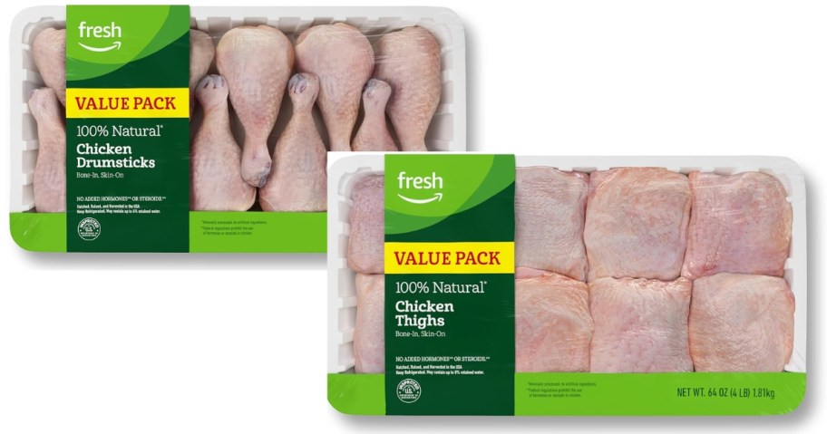 packages of Amazon Fresh brand Chicken Drumsticks and Chicken Thighs