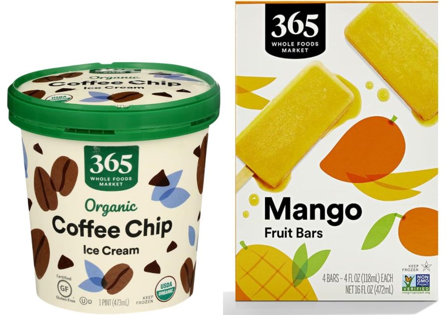 a pint of organic vanilla ice cream and a box of mango popsicles