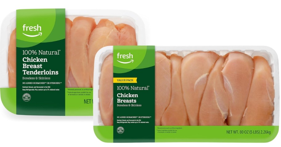 packages of Amazon Fresh Chicken Breast Tenderloins and Chicken Breasts