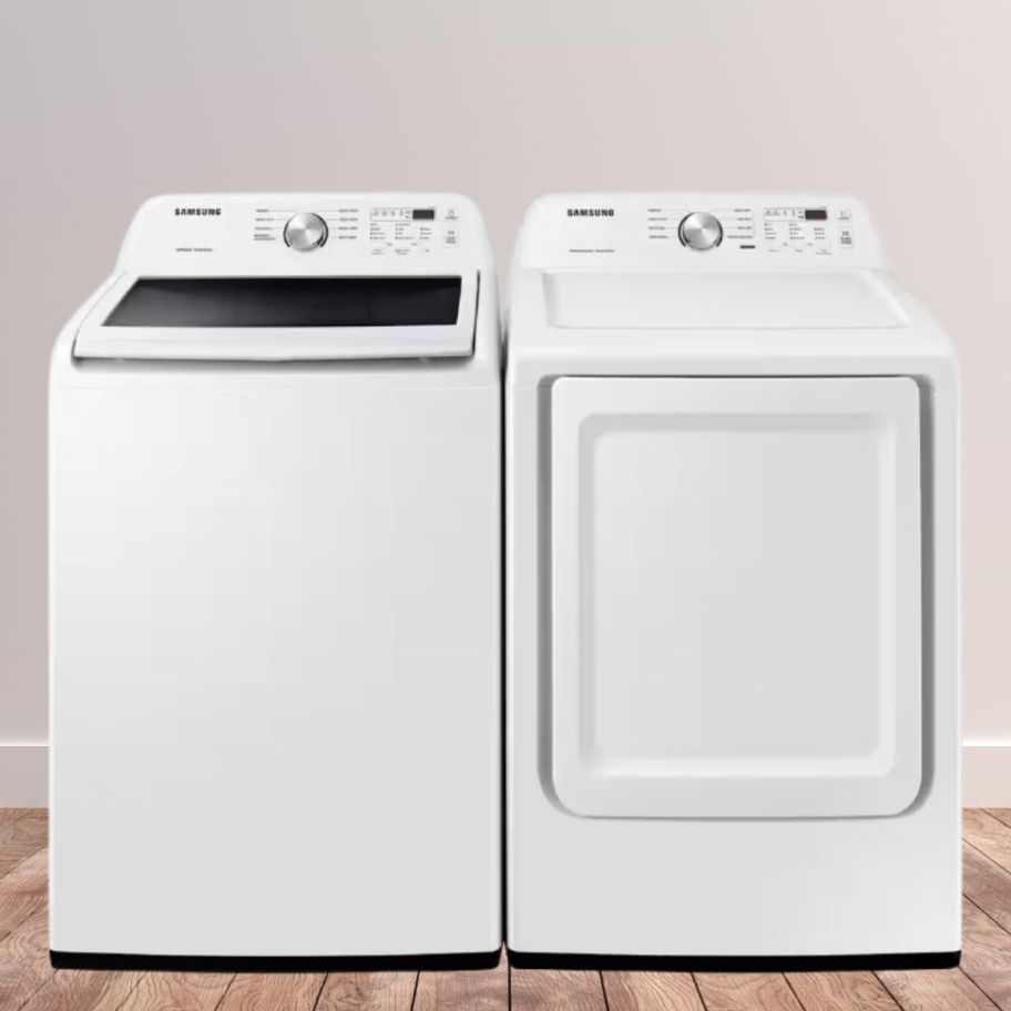 a white Samsung top load washer and dryer