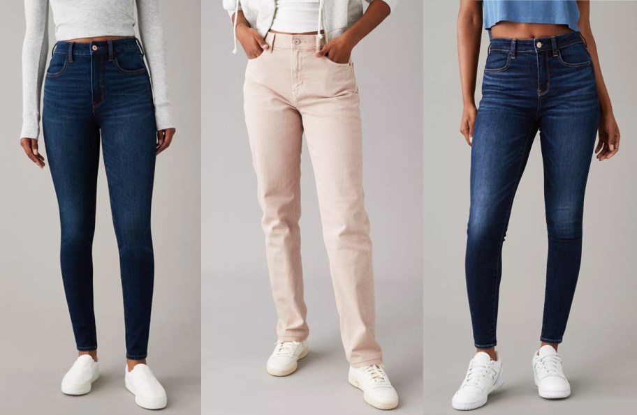 three women modeling jeans in various styles and washes