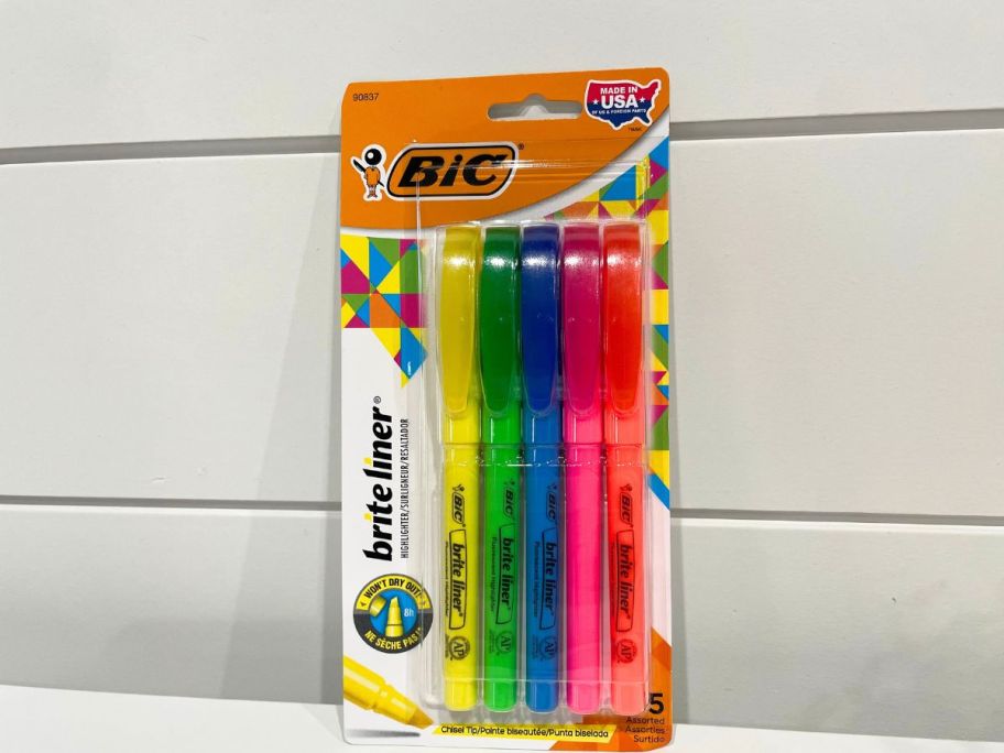 BIC Brite Liner Highlighters Chisel Tip 5-Count pack against wall