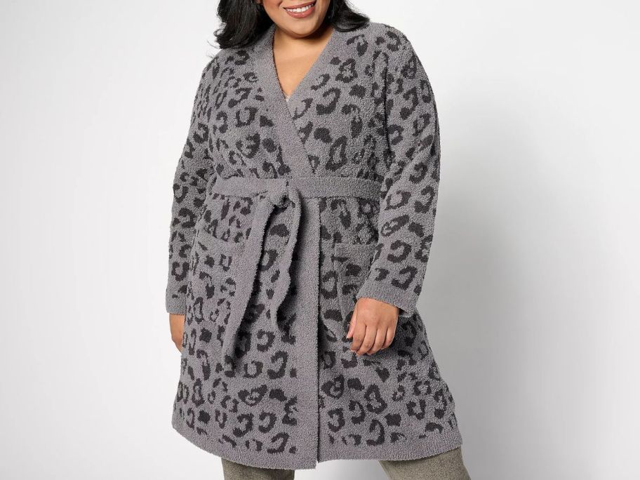 Stock image of a woman wearing a Barefoot Dreams CozyChic Women's Robe