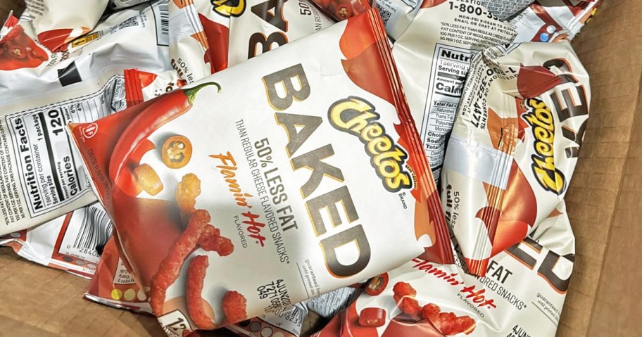 bags of flamin hot baked cheetos in a box