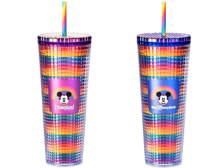 two rainbow mickey mouse starbucks tumblers