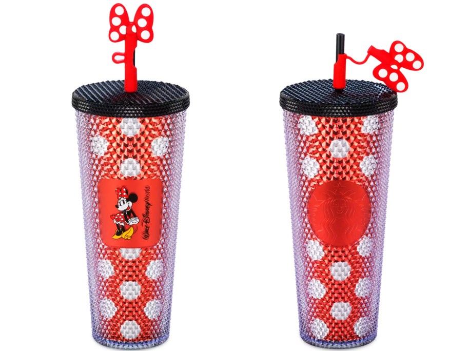 red and white polka dot studded starbucks tumbler with bow straw topper