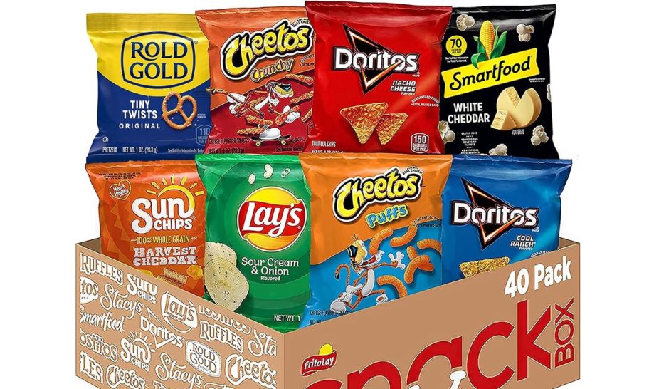 variety of frito-lay snack bags in cardboard box