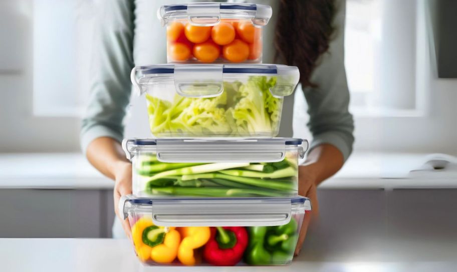 a woman presenting a food storage container set shown filled with fruits and vegetables on a kitchen counter