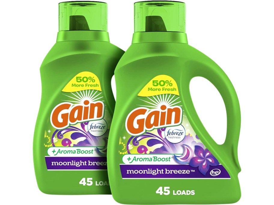 two green bottles of gain laundry detergent