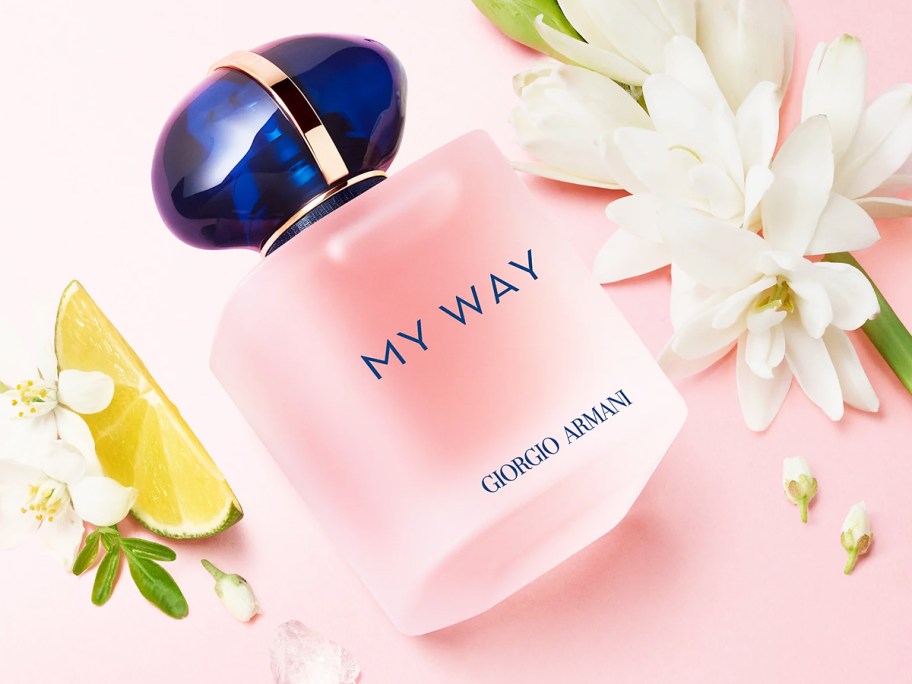 pink bottle of Giorgio Armani My Way Floral Eau de Parfum near white flowers