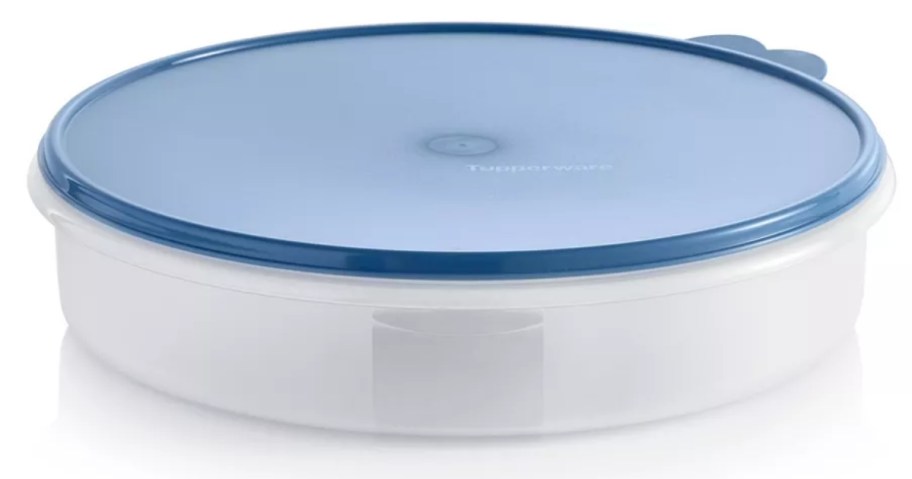 large round sheer Tupperware container with a blue lid