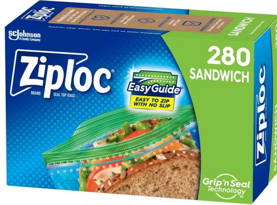 blue and green box of Ziploc Sandwich Bags 280-Count