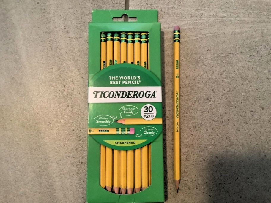 box of yellow Ticonderoga pencils 30 count with 1 laying beside it