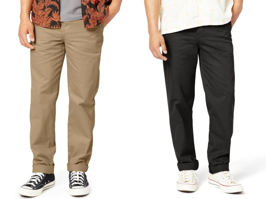 men wearing khaki and black Docker's chino style pants