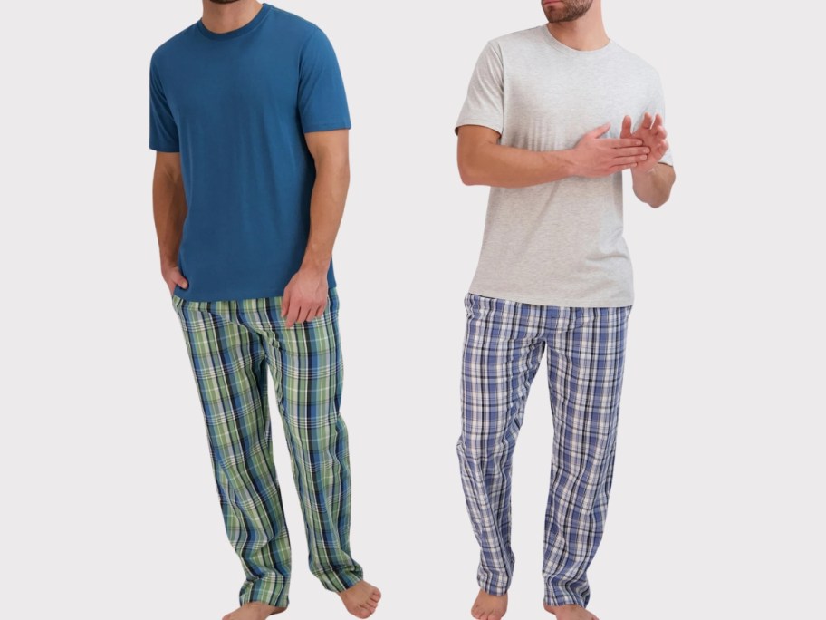 men wearing plaid pajama pants and solid color t-shirts