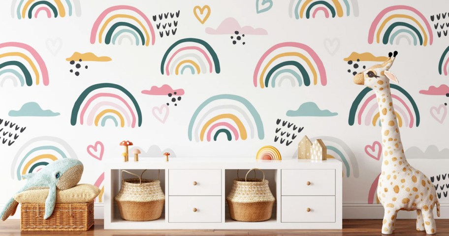 rainbow print wallpaper in kids room