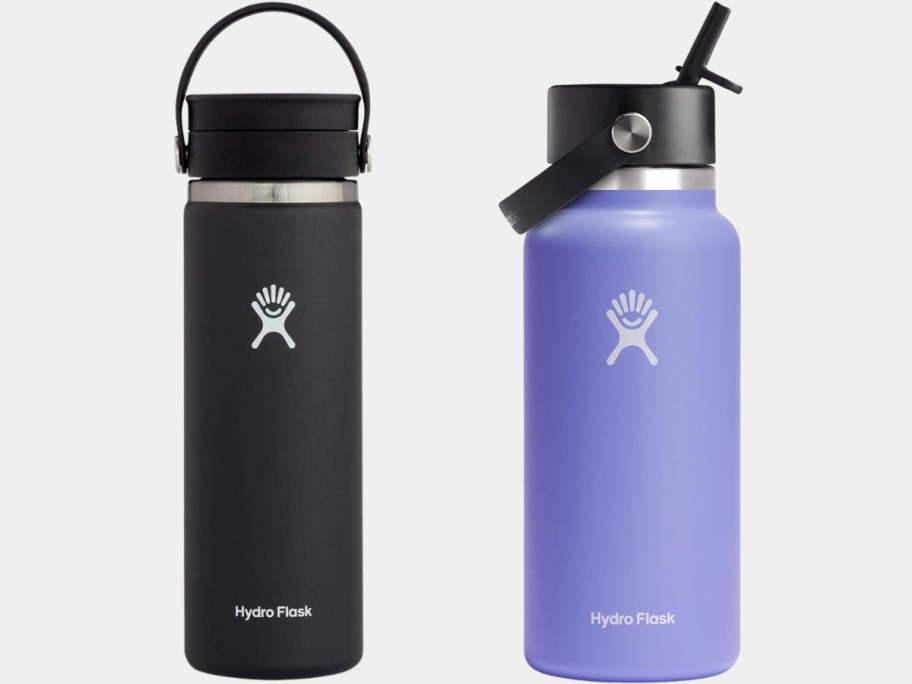 hydro flask 20oz and 32oz water bottles in black and purple