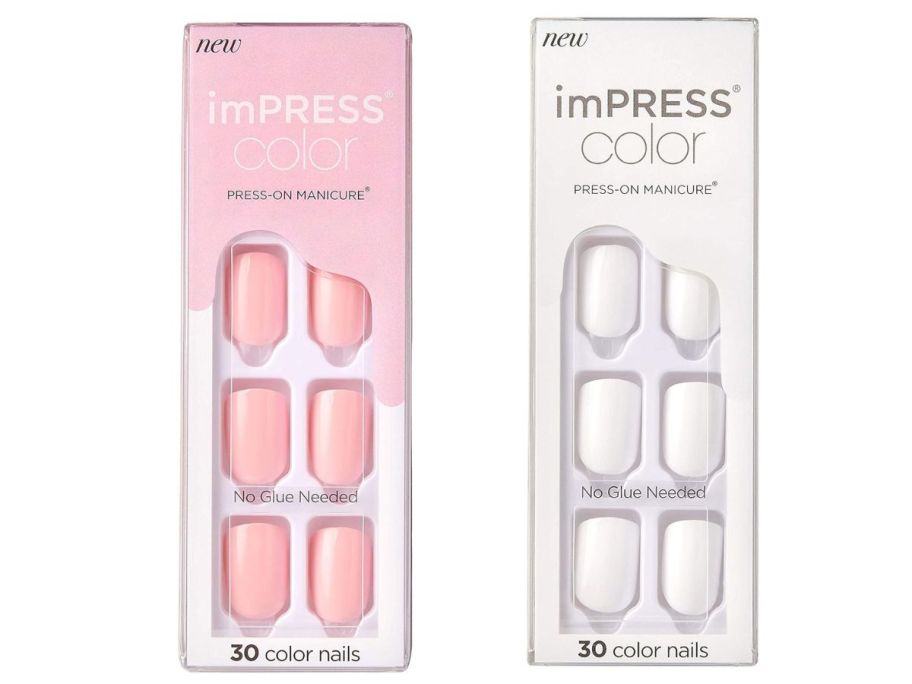 Impress toenails and manicure in pink and white