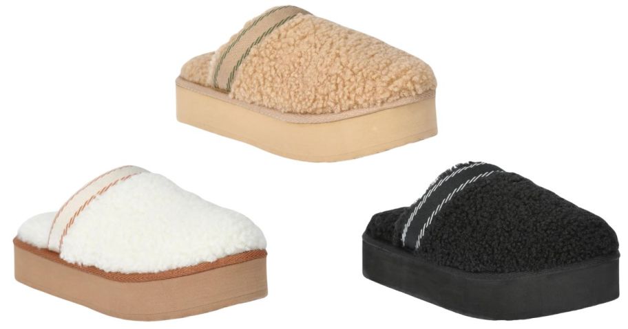 white, tan and black teddy slipper clogs