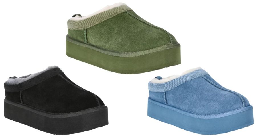 black, green, and blue suede clog slippers