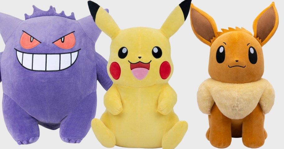 large Pokemon Plushes - Gengar, Pikachu, and Evee