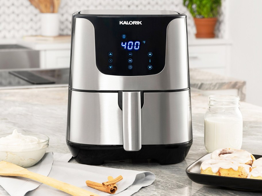 stainless steel air fryer on kitchen counter